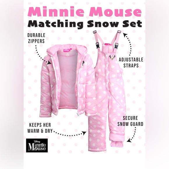 Girls Minnie Mouse Snowsuit 2 Piece Ski Jacket and Snow Bib Ski Pants Overalls - Picture 6 of 8